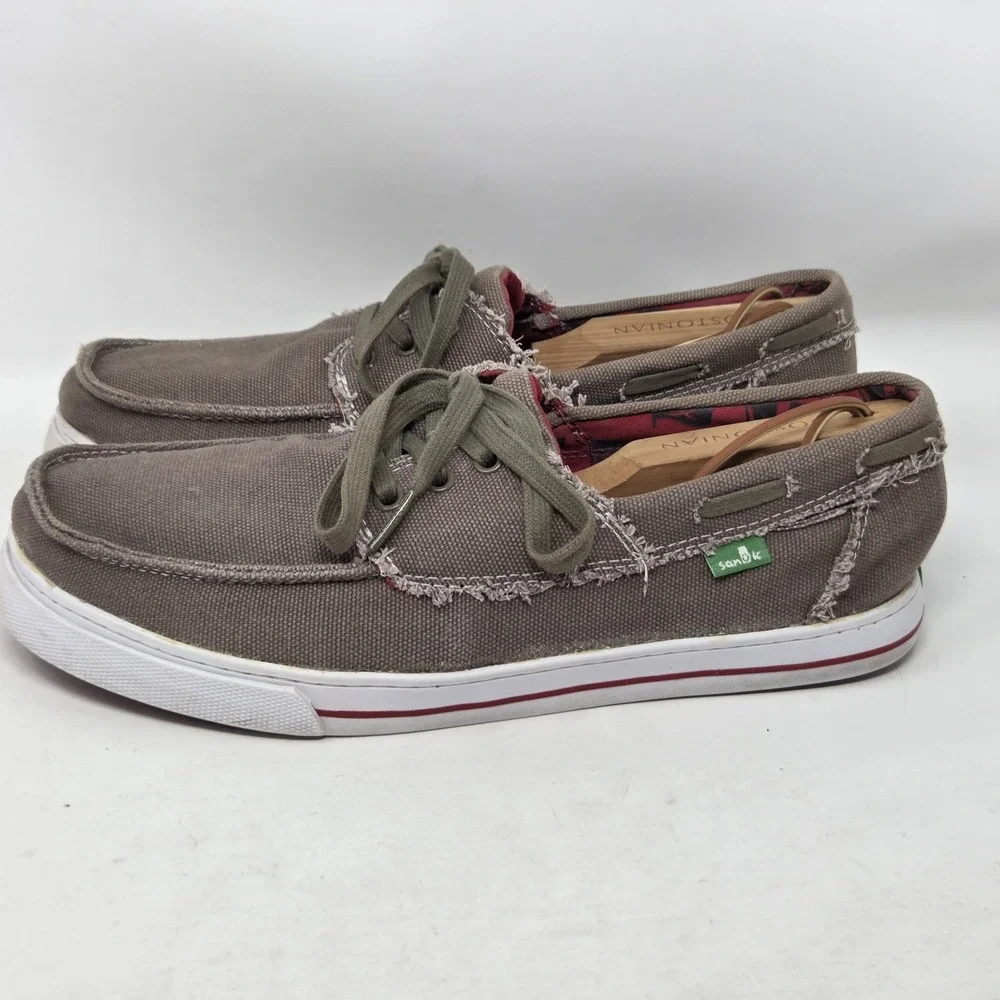 Sanuk Tan‎ Lace Up Boat Canvas Shoes Men's Size 8 Slip On Shoes Loafers